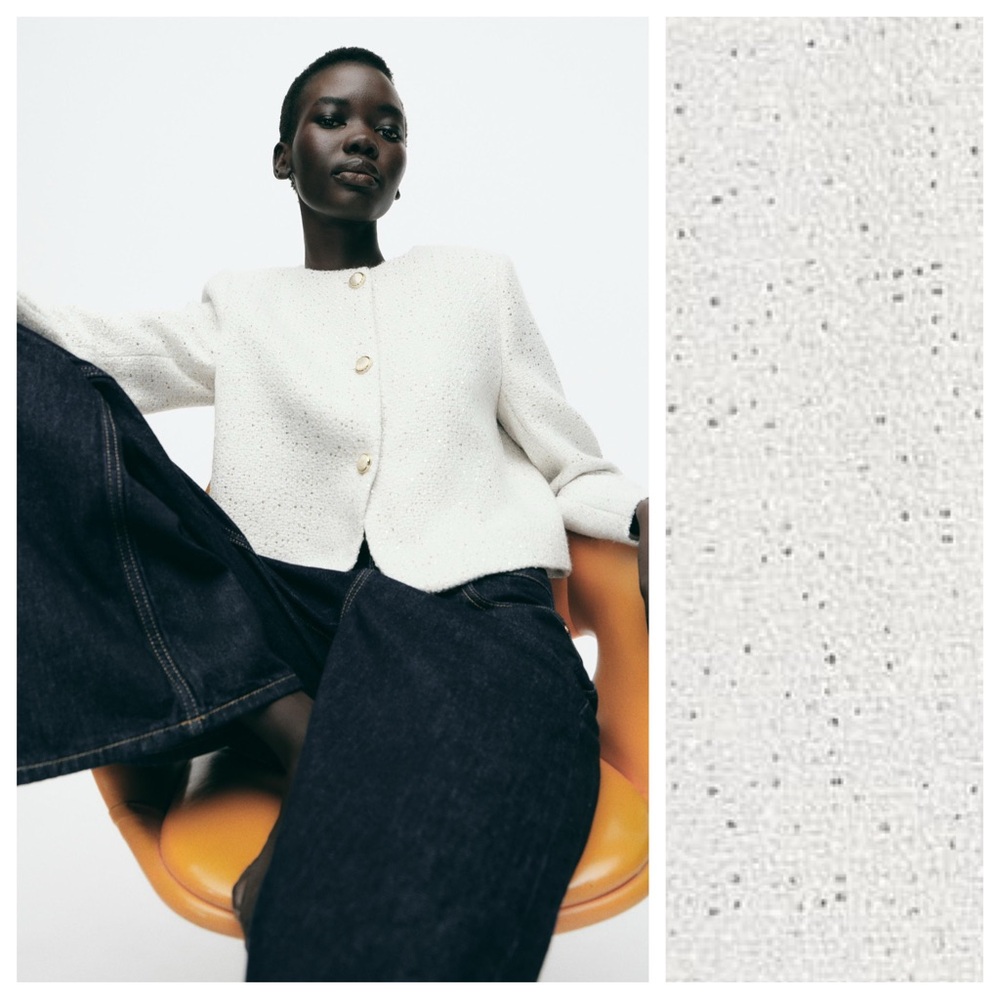 NWT. Zara White/Gold Textured Sequin Short Blazer. Size M.